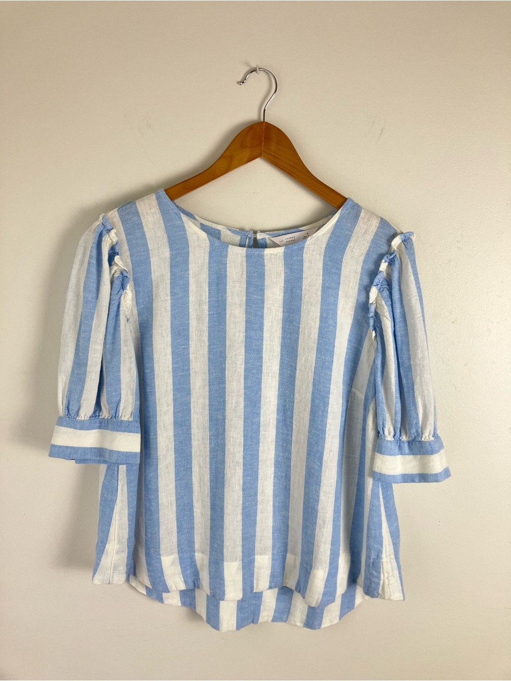 Lauren Conrad Linen Blend Top Blue White Stripe Blouse Small Coastal Cottagecore